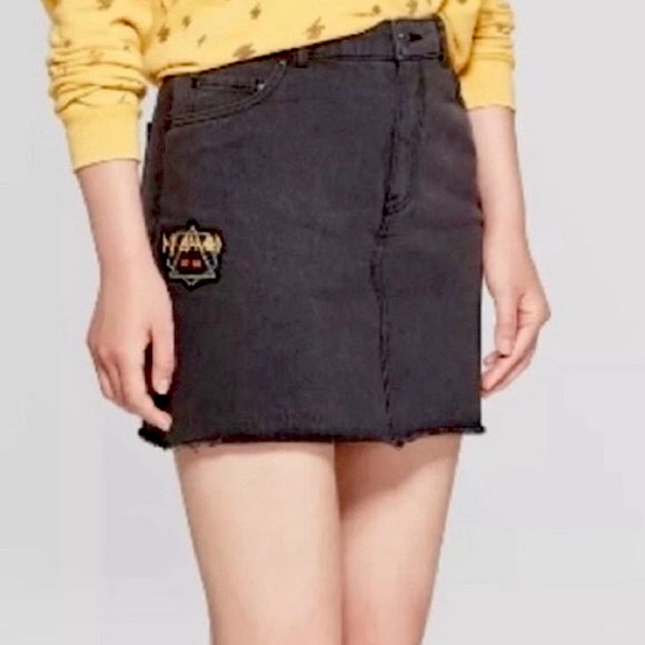 Junk Food Def Leppard Patch Denim Jean Mini Skirt Faded Black Clearance - Picture 3 of 9